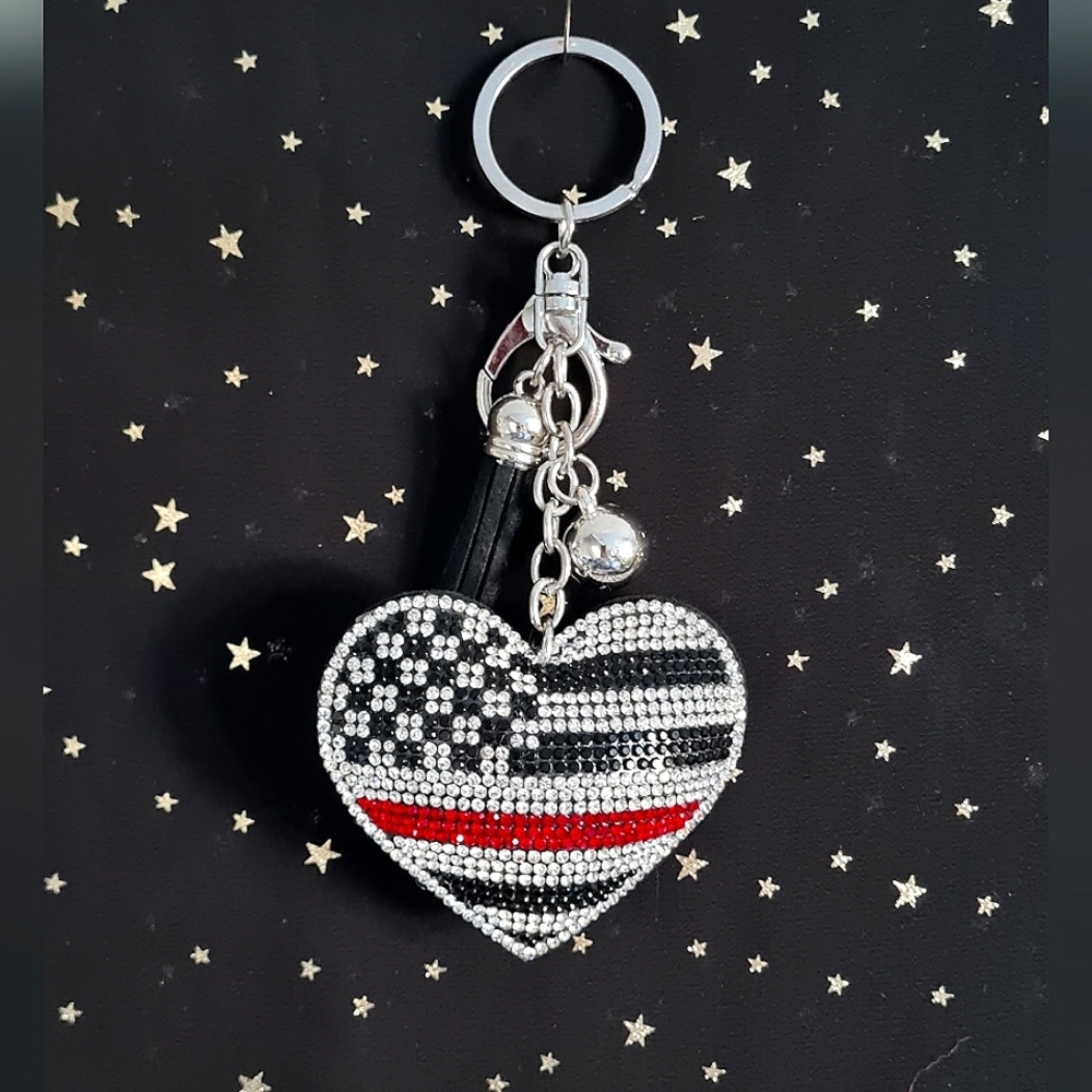 Thin Red Line Puffy Heart Keychain Bag Charm